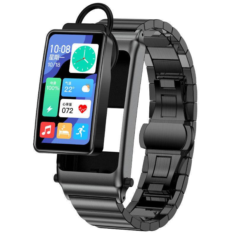 Smart Blood Glucose Watch with non-invasive monitoring, stylish metal wristband, and touchscreen display. Features heart rate tracking, NFC, and waterproof design.