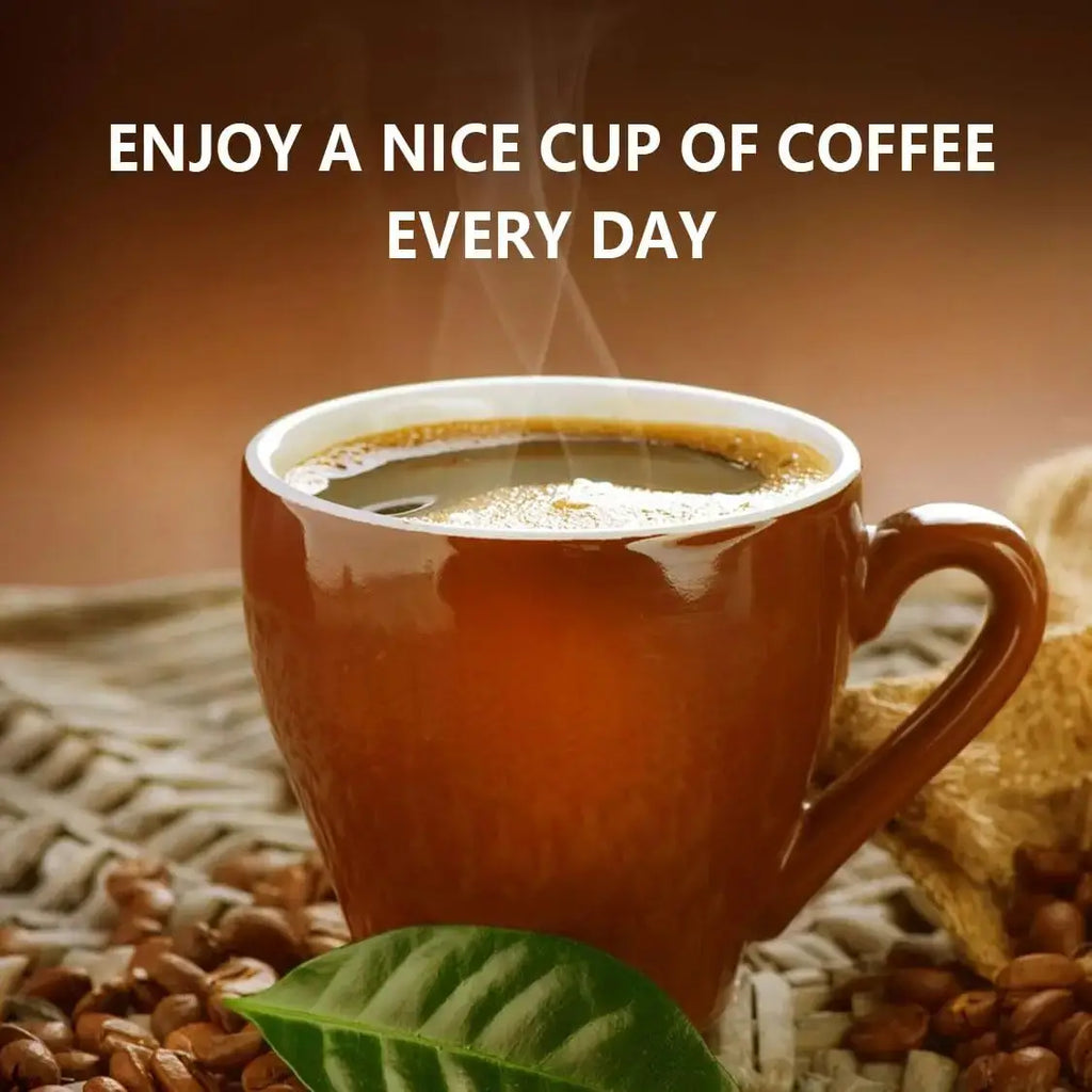 Steaming coffee cup with coffee beans and a leaf on a woven surface, accompanied by text 'Enjoy a nice cup of coffee every day'.