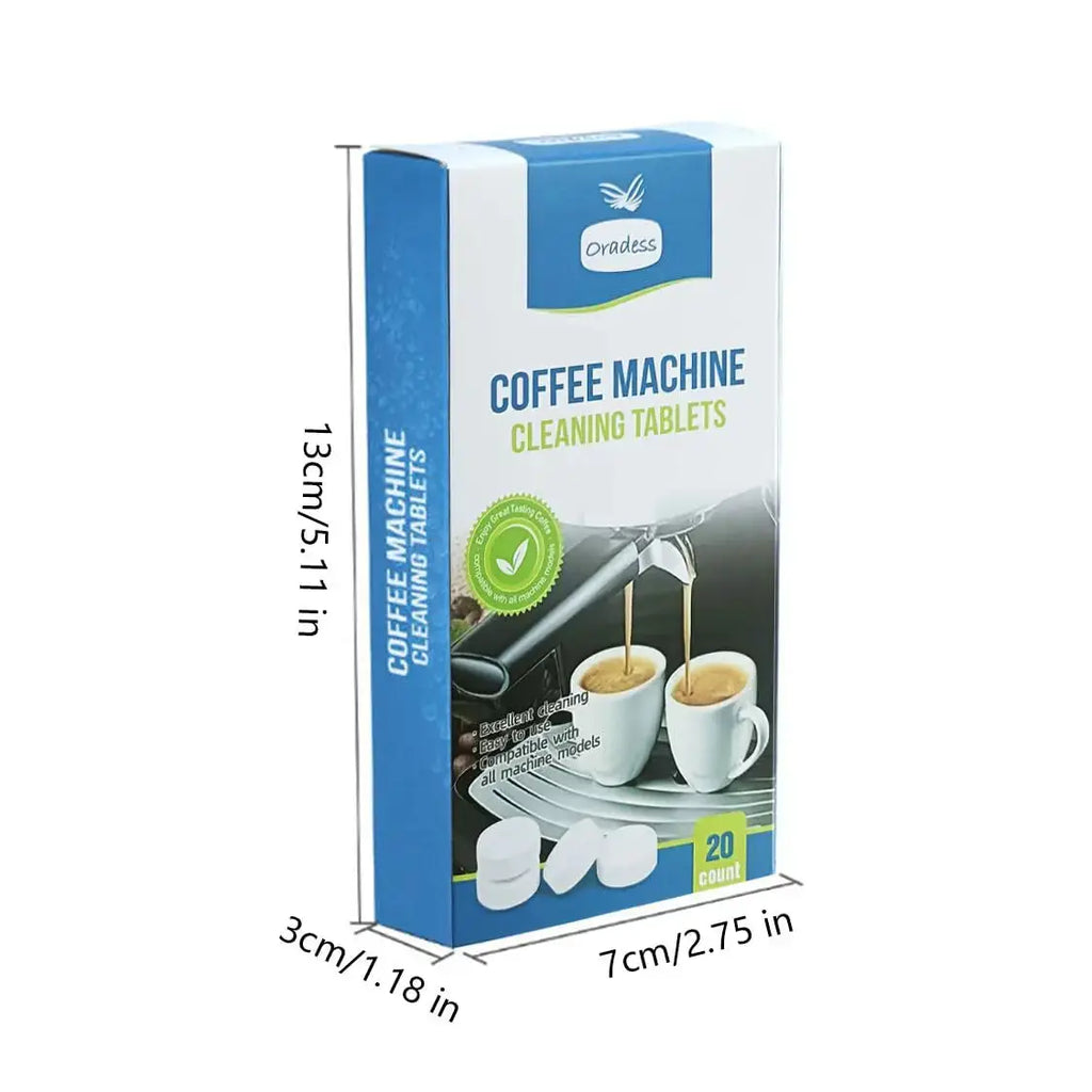 Box of coffee machine cleaning tablets with dimensions indicated