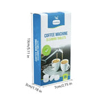 Box of coffee machine cleaning tablets with dimensions indicated