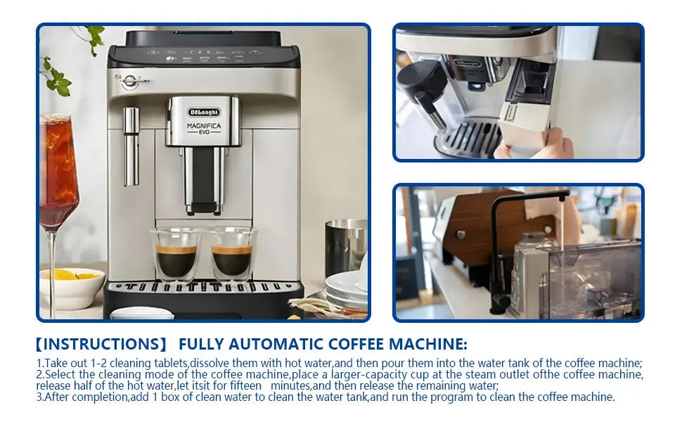 De'Longhi coffee machine with brewing process and cleaning instructions.