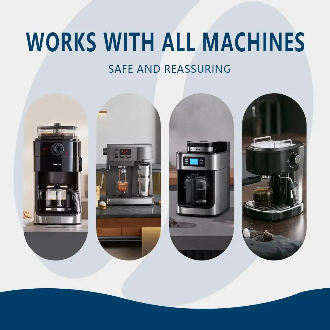 Four different coffee machines displayed with text 'Works with all machines, safe and reassuring' on a white background.