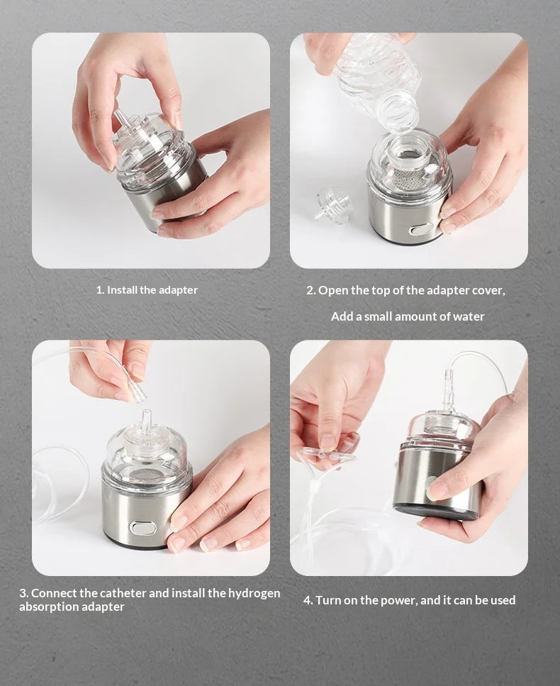 Portable Hydrogen Water Generator Bottle with a stainless steel base and crystal-clear borosilicate glass top.