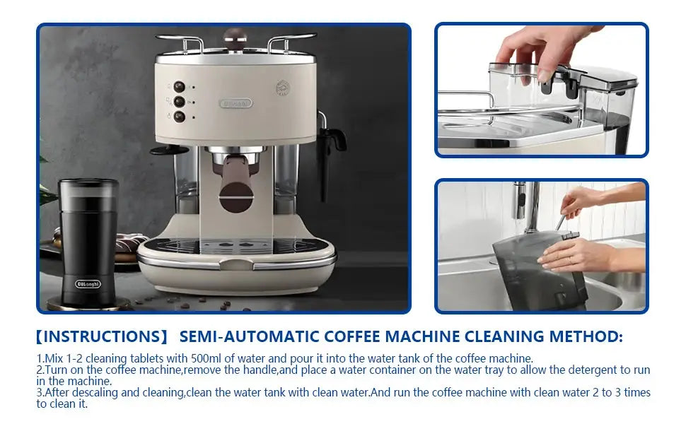 Semi-automatic coffee machine with cleaning instructions displayed on a gray background