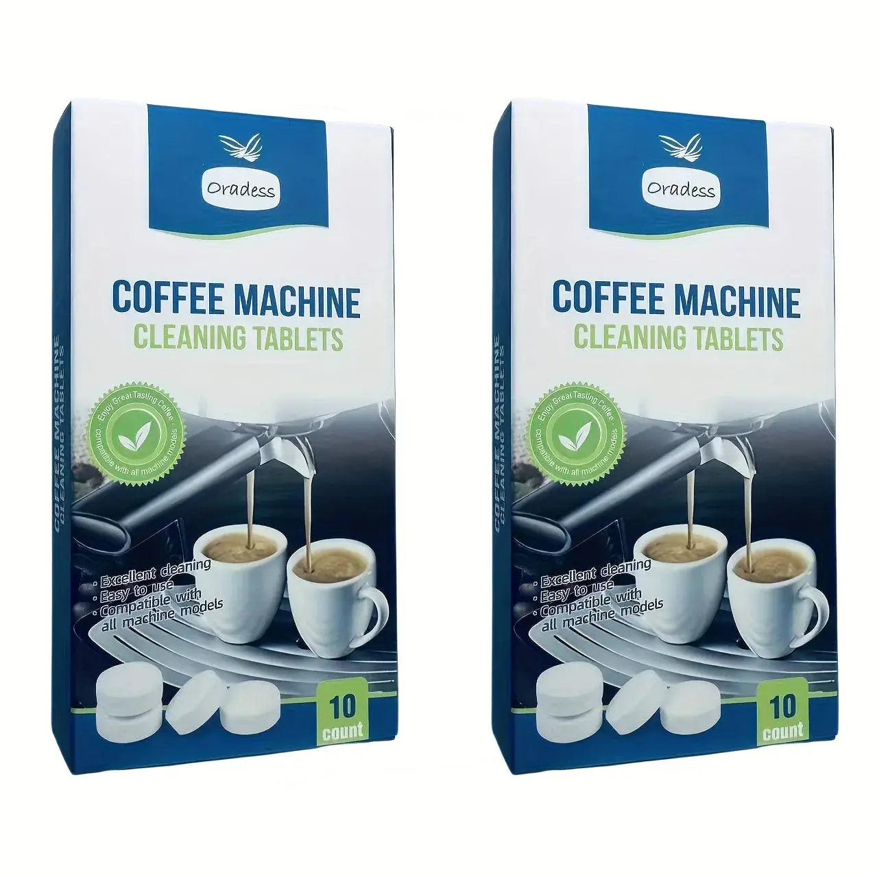 Two boxes of Oraless coffee machine cleaning tablets on a white background