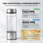Portable hydrogen water generator bottle with a stainless steel base and clear borosilicate glass chamber, featuring bubbles in the water.
