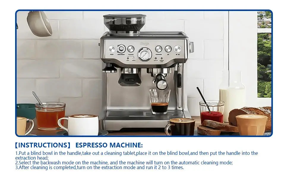 Espresso machine with a glass of coffee on a kitchen counter