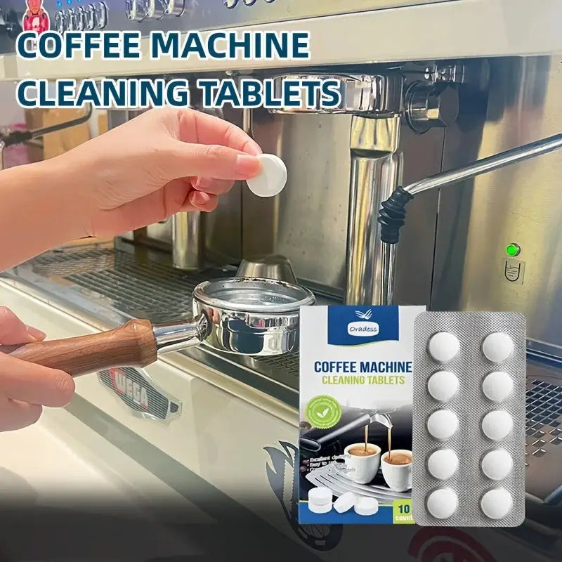 Coffee machine cleaning tablets being used on a coffee machine with packaging displayed.