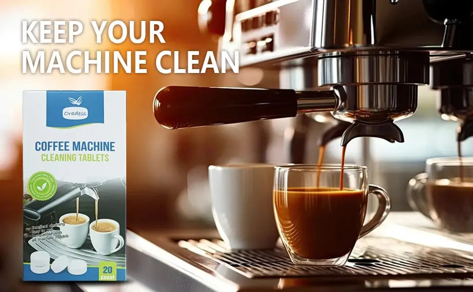 Espresso machine with coffee being poured, a box of coffee machine cleaning tablets, and text 'Keep Your Machine Clean'.