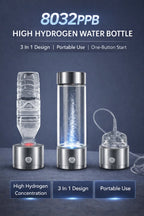 Three-part portable hydrogen water generator with a stainless steel base, clear borosilicate glass, and a hydrogen inhalation attachment.