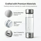 Stainless steel and glass portable hydrogen water generator with a Type-C charging port, filled with clear water and bubbles.