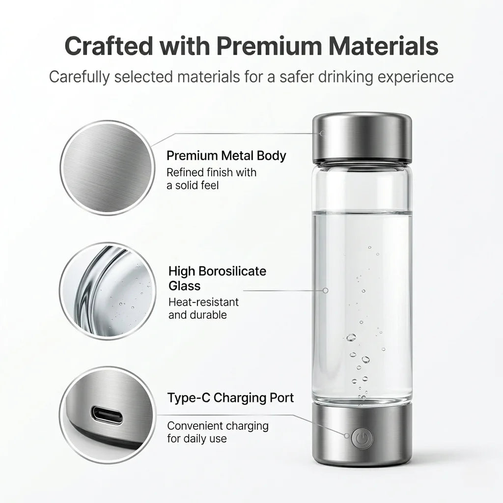 Stainless steel and glass portable hydrogen water generator with a Type-C charging port, filled with clear water and bubbles.