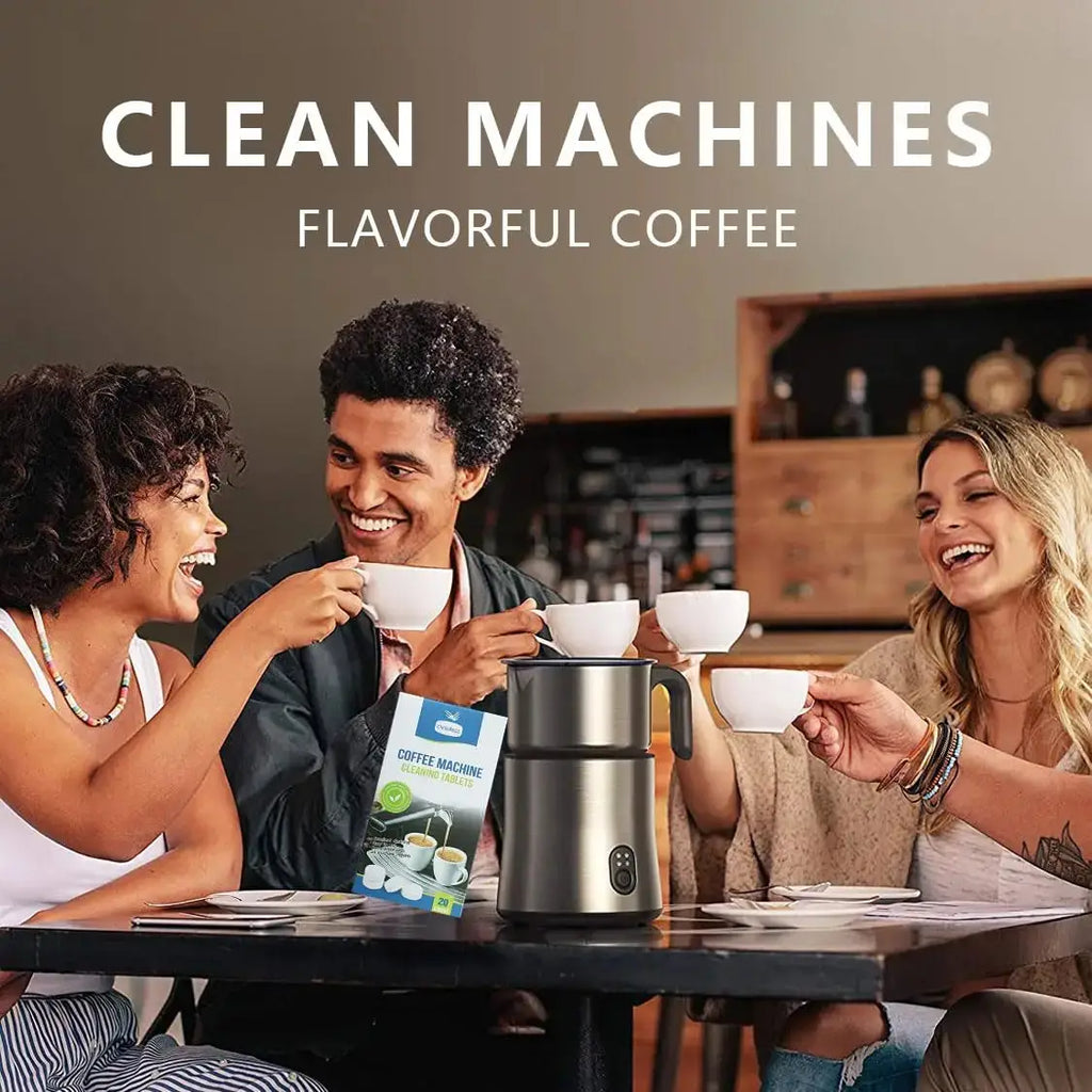 People enjoying coffee together with a coffee machine and package in the foreground.