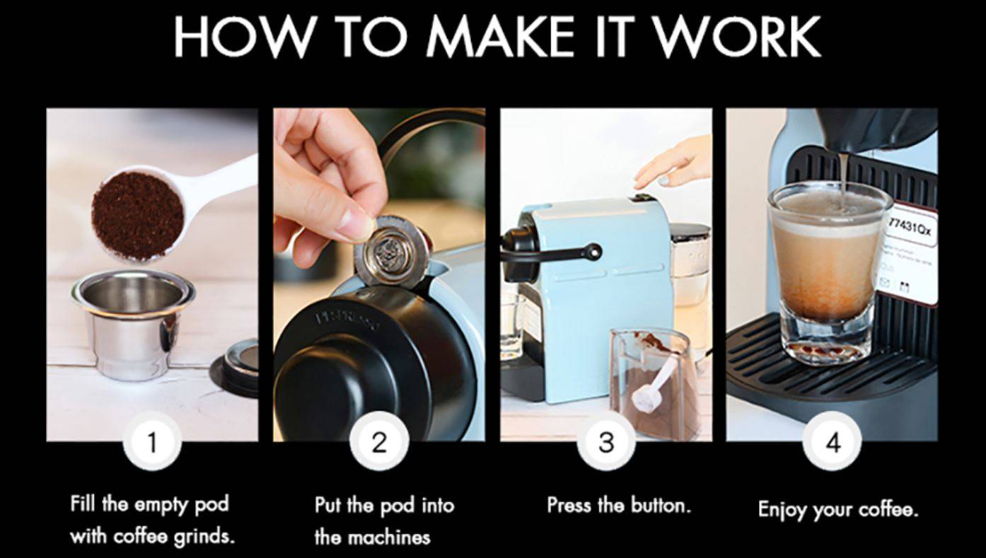 Reusable coffee pods set with stainless steel refillable capsule, tamper, cleaning brush, and scoop. Compatible with Nespresso machines for sustainable brewing.