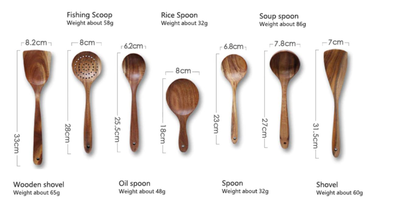 Teak wooden spoons showing varied sizes