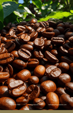 Close-up of roasted coffee beans with green leaves in the background