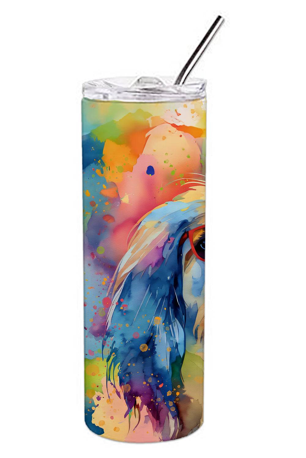 Afghan Hound Hippie Dawg Tumbler featuring a vibrant watercolor-style design of an Afghan Hound. Stainless steel, skinny, and perfect for hot or cold drinks.