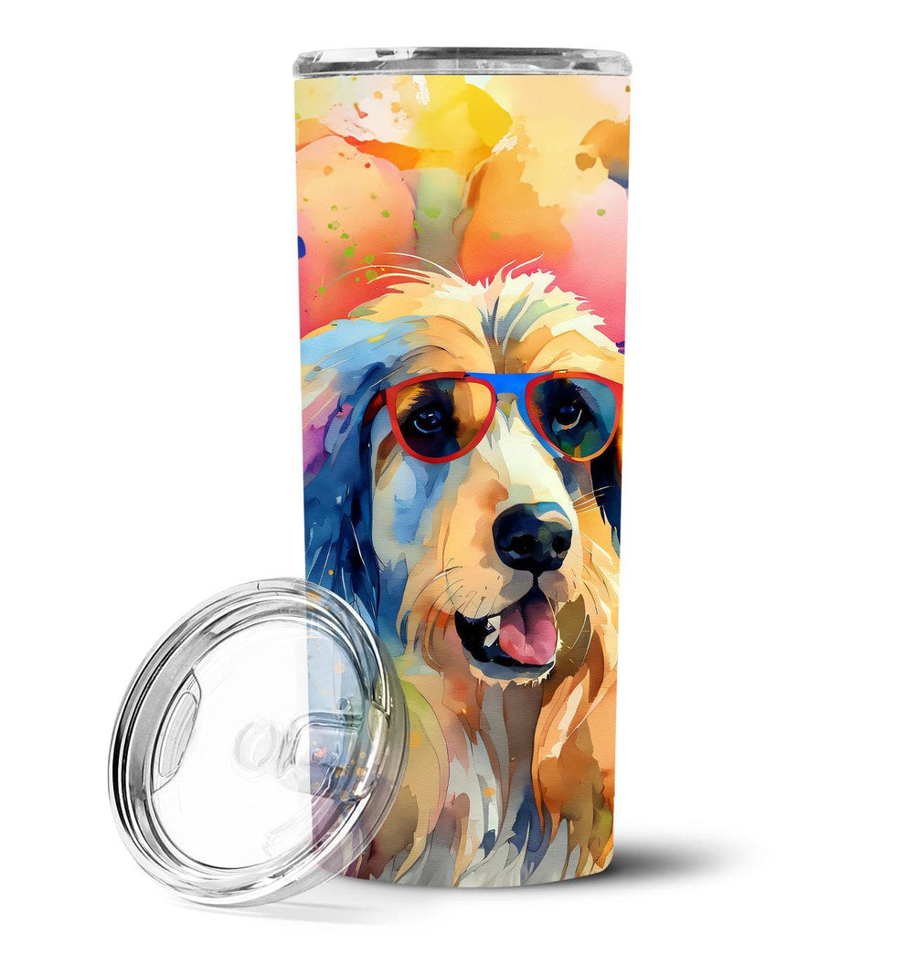 Afghan Hound Hippie Dawg Tumbler featuring a vibrant watercolor-style design of an Afghan Hound. Stainless steel, skinny, and perfect for hot or cold drinks.