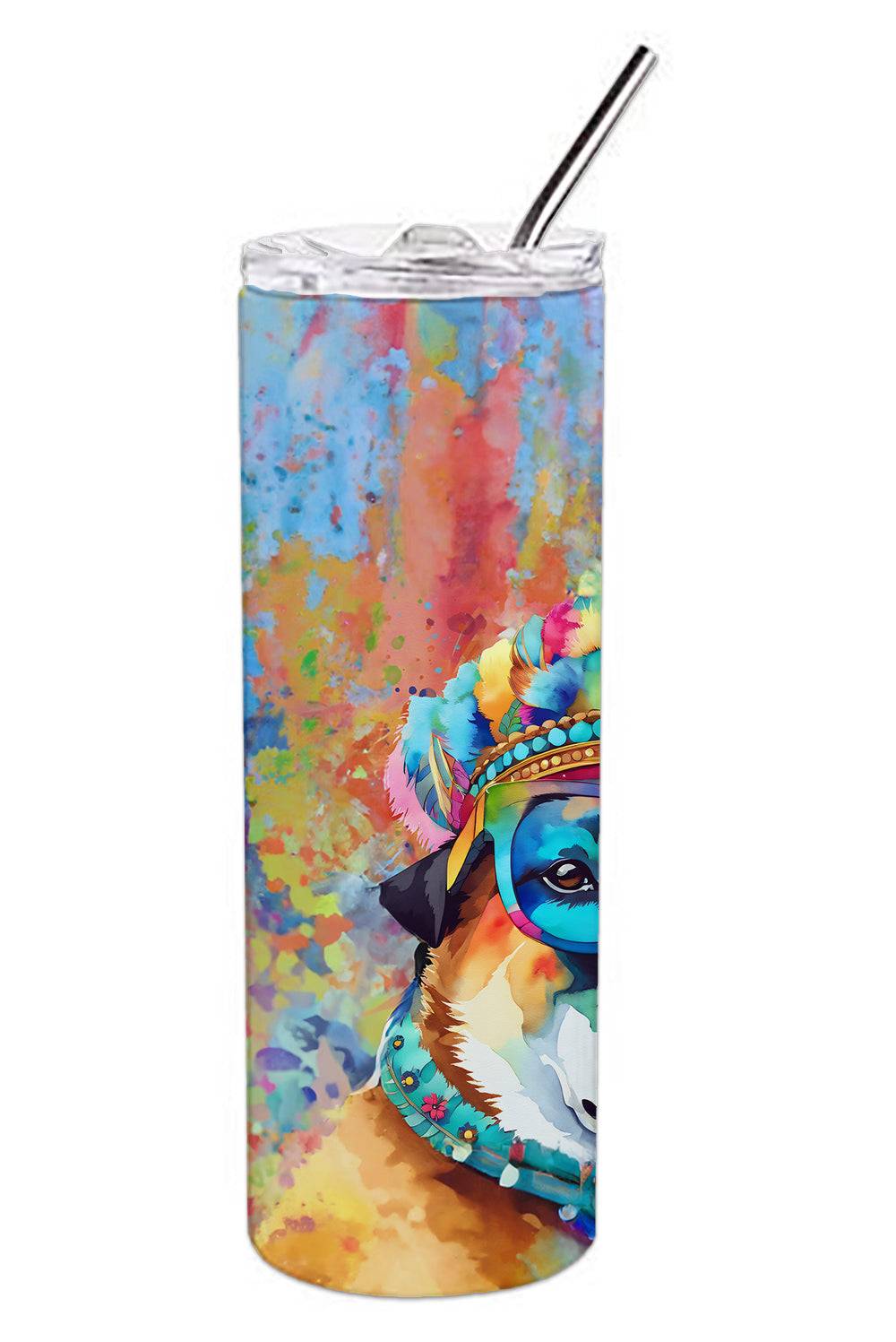 Stainless steel skinny tumbler with vibrant Akita hippie artwork. Eco-friendly, insulated 20 oz design keeps drinks hot or cold, perfect for travel.