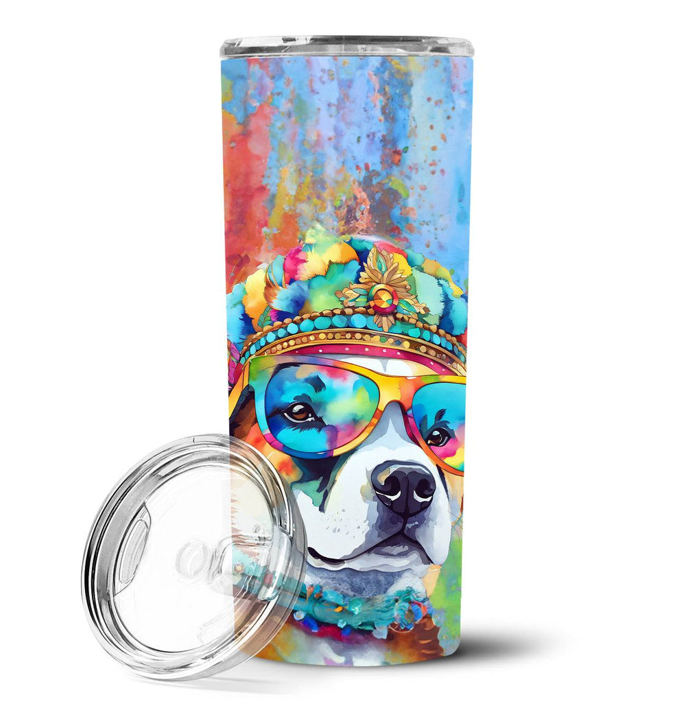 Stainless steel skinny tumbler with vibrant Akita hippie artwork. Eco-friendly, insulated 20 oz design keeps drinks hot or cold, perfect for travel.