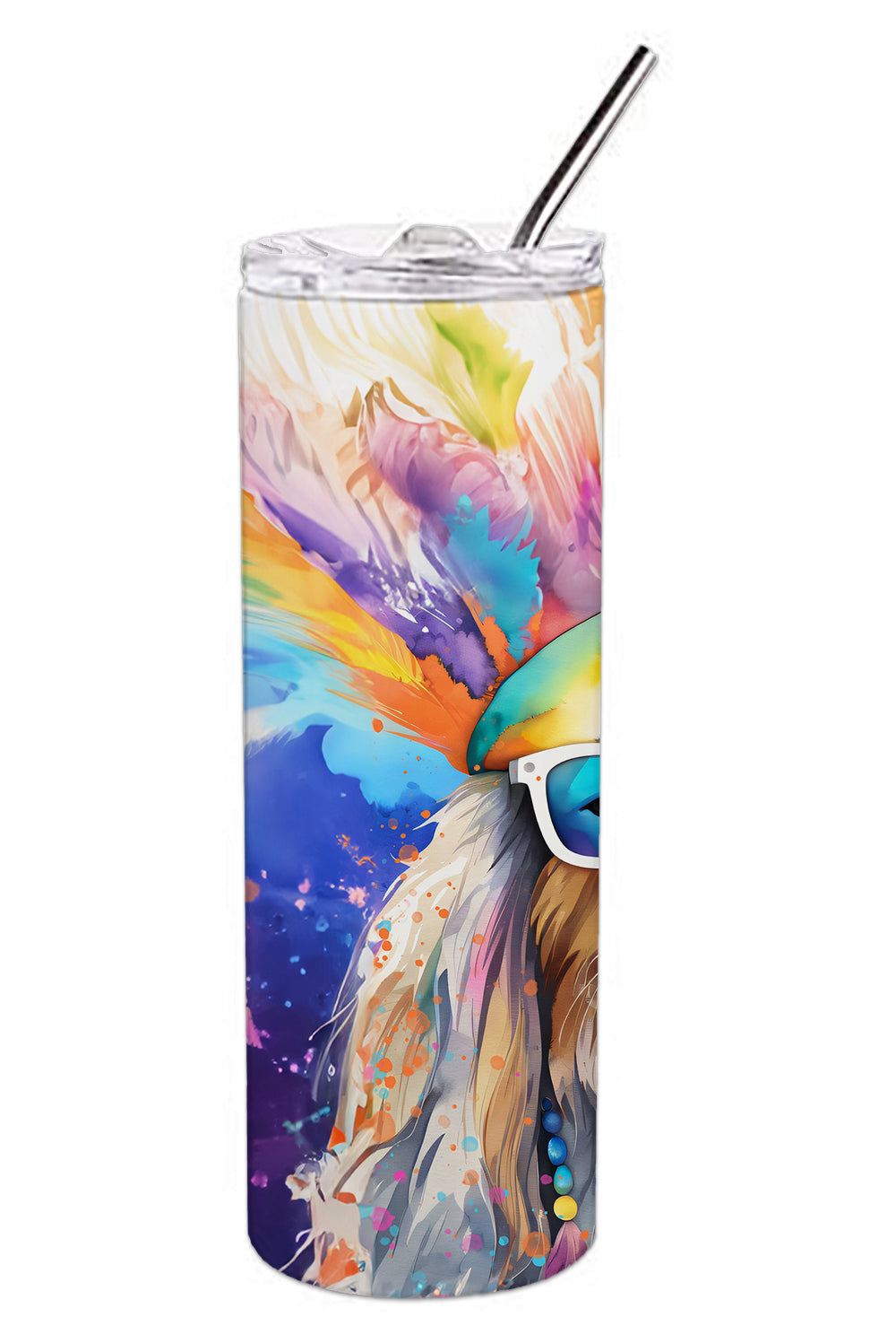 Bearded Collie stainless steel skinny tumbler with a colorful hippie-style dog design. Features a spill-resistant lid, ideal for hot or cold drinks.