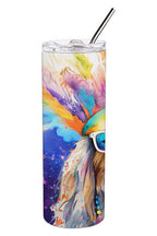 Bearded Collie stainless steel skinny tumbler with a colorful hippie-style dog design. Features a spill-resistant lid, ideal for hot or cold drinks.