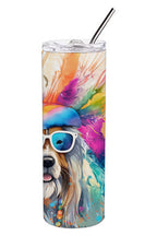 Bearded Collie stainless steel skinny tumbler with a colorful hippie-style dog design. Features a spill-resistant lid, ideal for hot or cold drinks.