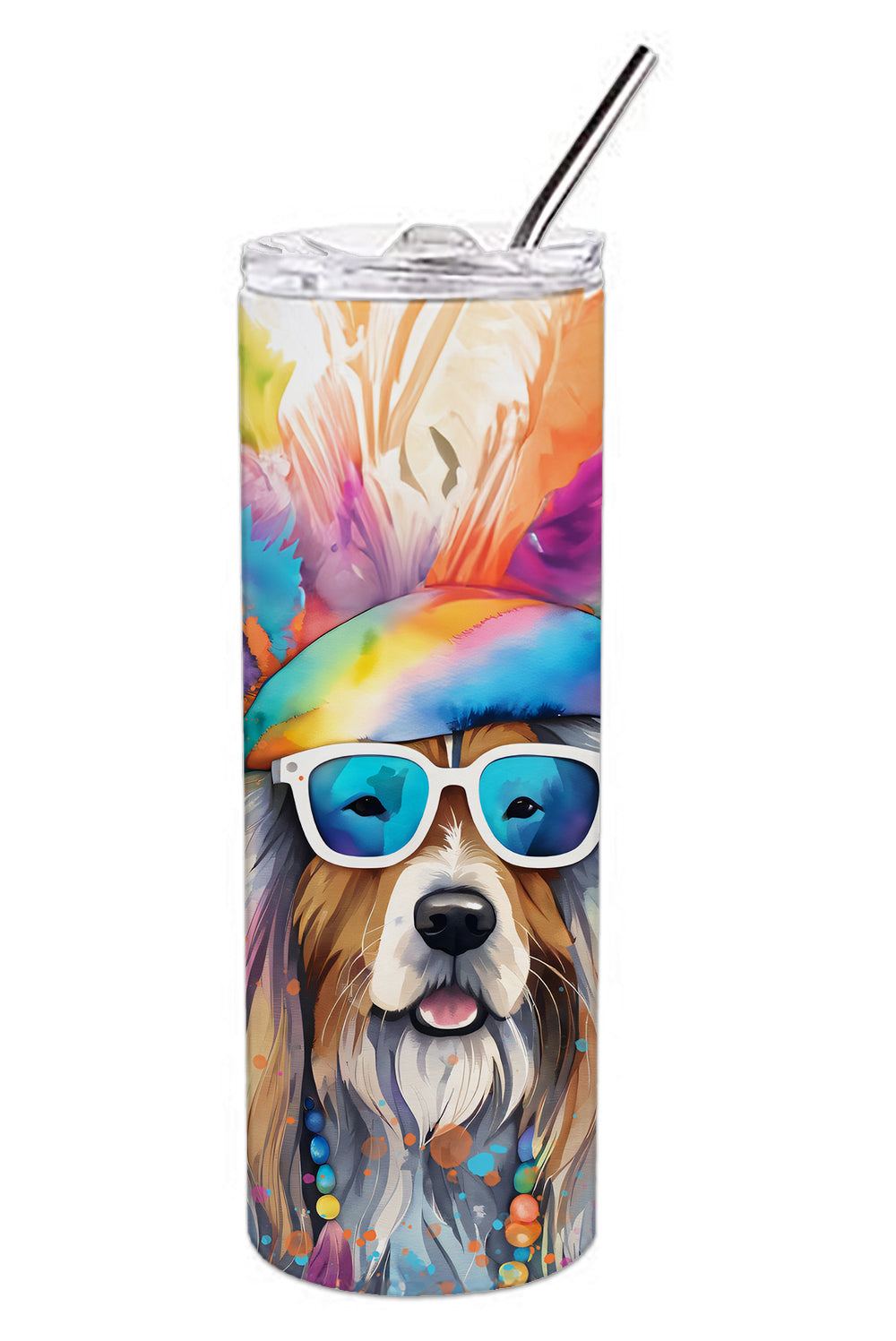 Bearded Collie stainless steel skinny tumbler with a colorful hippie-style dog design. Features a spill-resistant lid, ideal for hot or cold drinks.