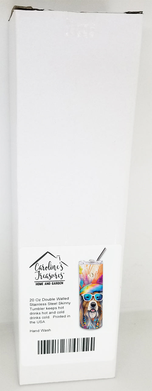 Bearded Collie stainless steel skinny tumbler with a colorful hippie-style dog design. Features a spill-resistant lid, ideal for hot or cold drinks.