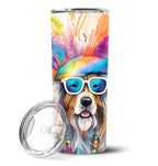 Bearded Collie stainless steel skinny tumbler with a colorful hippie-style dog design. Features a spill-resistant lid, ideal for hot or cold drinks.
