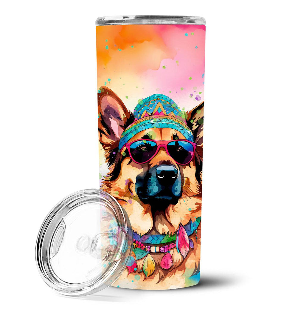 German Shepherd tumbler with a colorful hippie-style design. Stainless steel construction keeps drinks hot or cold for hours.