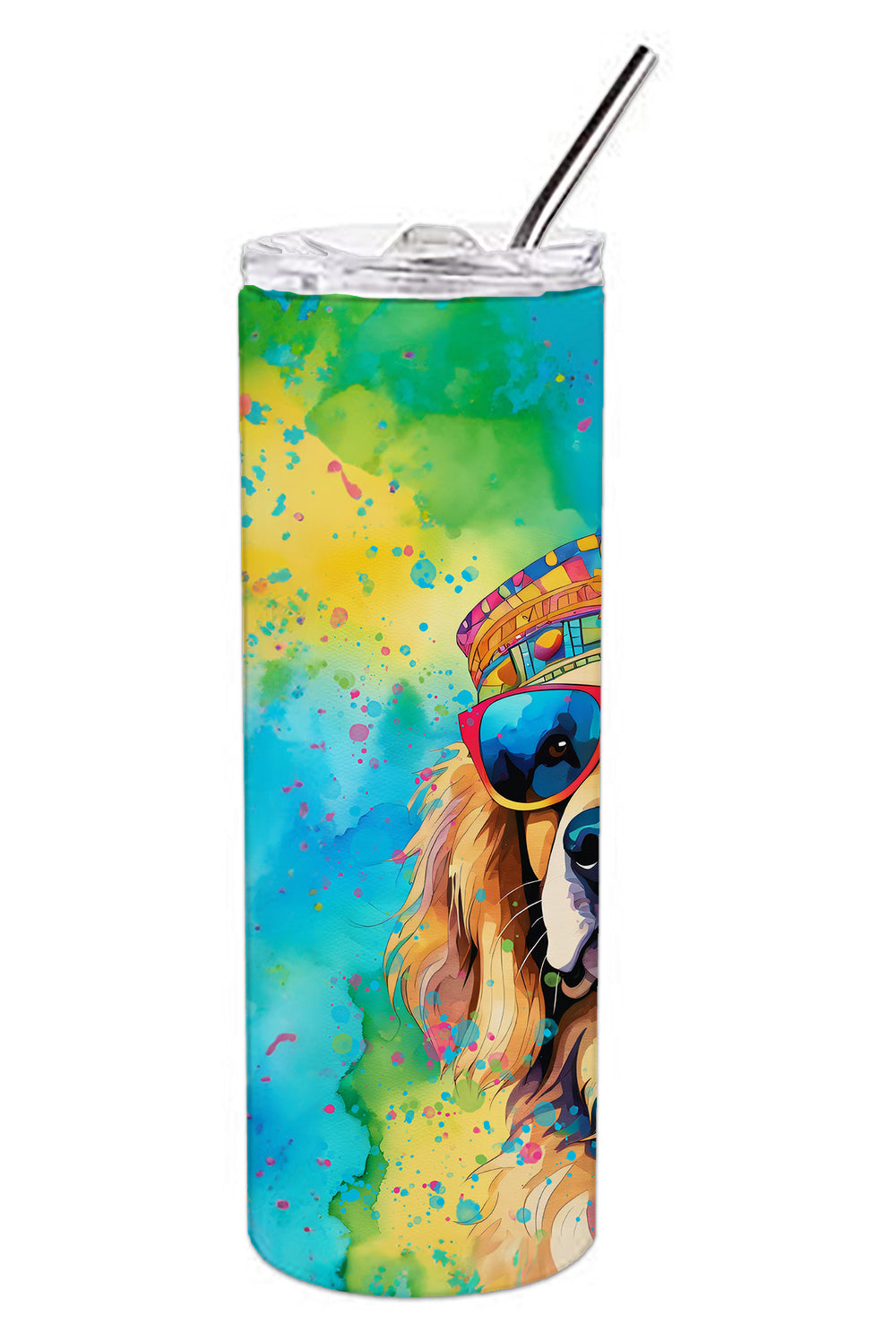 Golden Retriever Tumbler - Stainless Steel, featuring a colorful hippie-style dog design. Vacuum-insulated for hot and cold drinks, perfect for dog lovers.