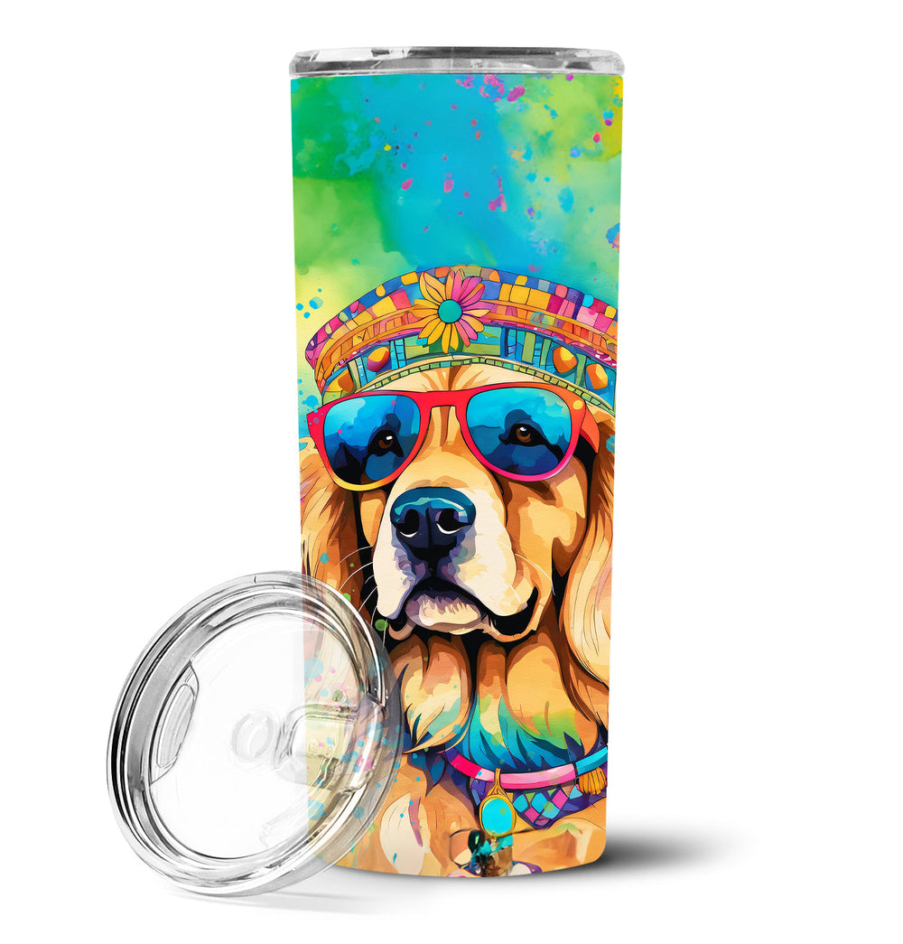 Golden Retriever Tumbler - Stainless Steel, featuring a colorful hippie-style dog design. Vacuum-insulated for hot and cold drinks, perfect for dog lovers.