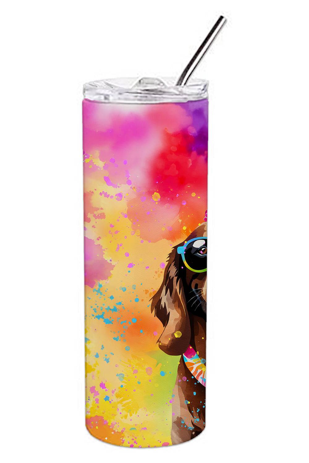 Chocolate Labrador Hippie Dawg Tumbler featuring a vibrant watercolor background and a stylish dog illustration. Stainless steel skinny tumbler with straw for hot or cold drinks.