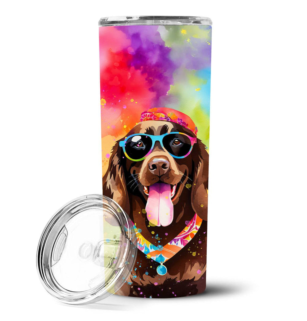 Chocolate Labrador Hippie Dawg Tumbler featuring a vibrant watercolor background and a stylish dog illustration. Stainless steel skinny tumbler with straw for hot or cold drinks.