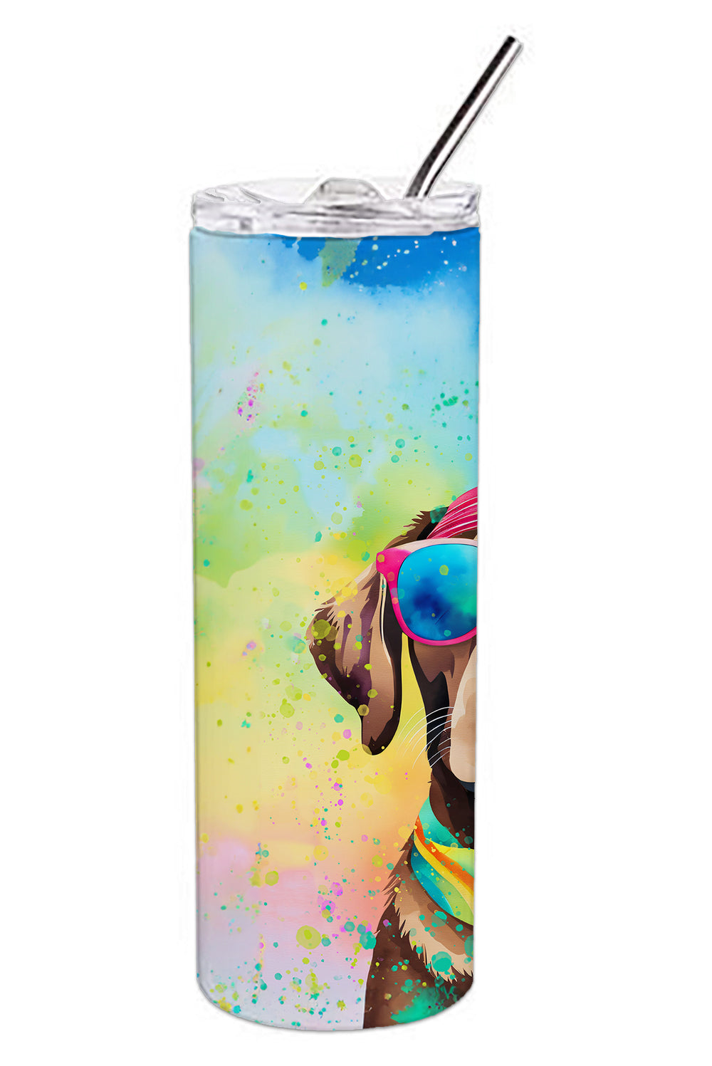 Chocolate Labrador tumbler with a colorful hippie-style design. Stainless steel construction keeps drinks hot or cold for hours.