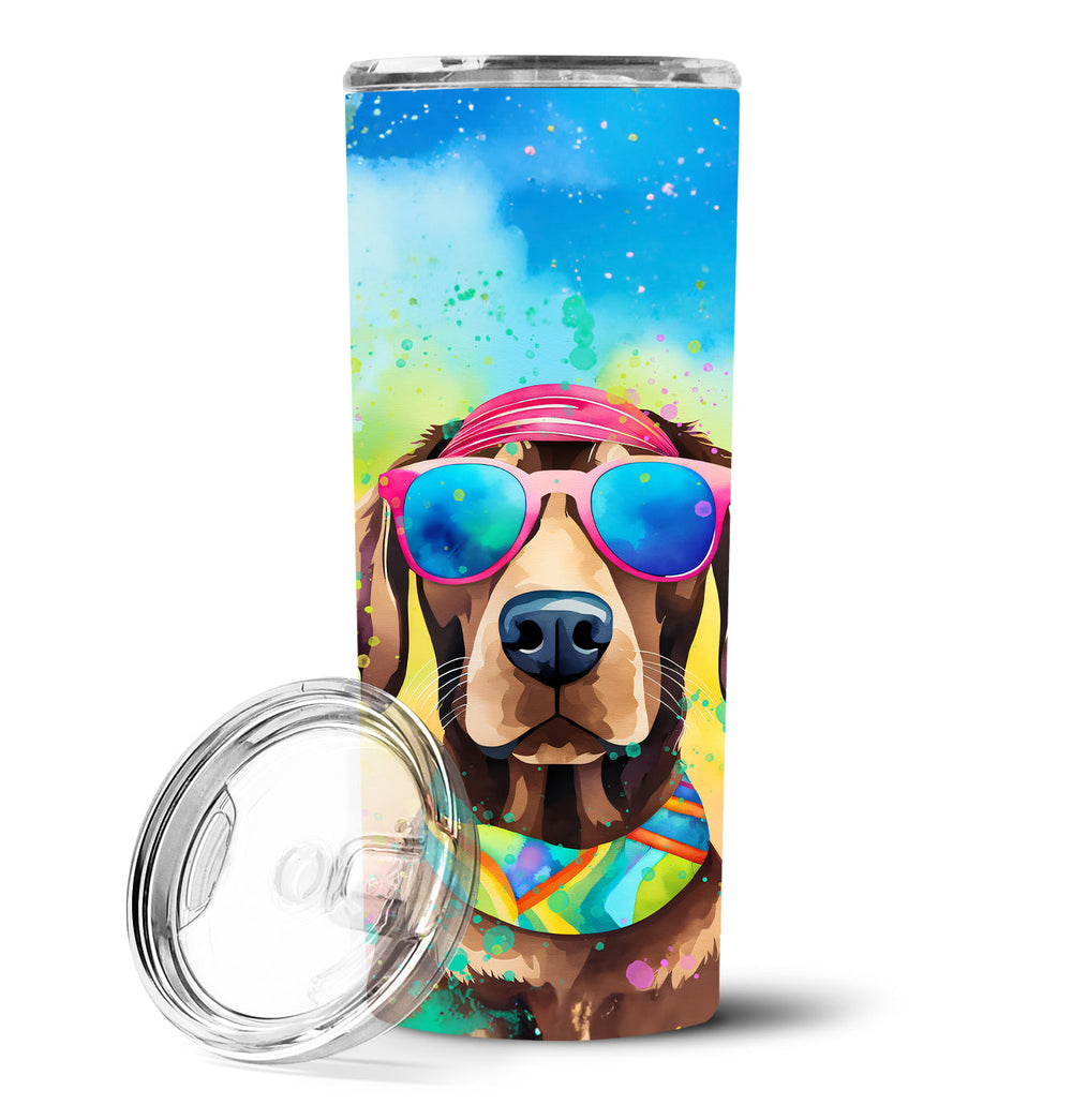 Chocolate Labrador tumbler with a colorful hippie-style design. Stainless steel construction keeps drinks hot or cold for hours.