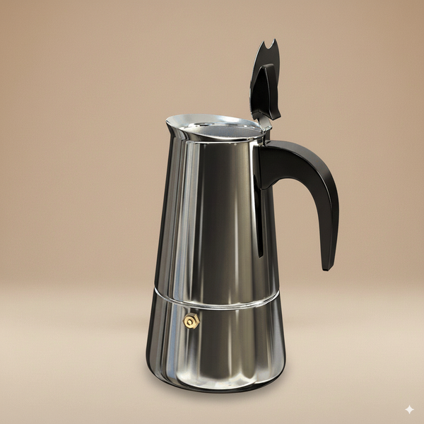 Stainless steel 6-cup moka pot with polished finish and hand-push design for stovetop espresso brewing