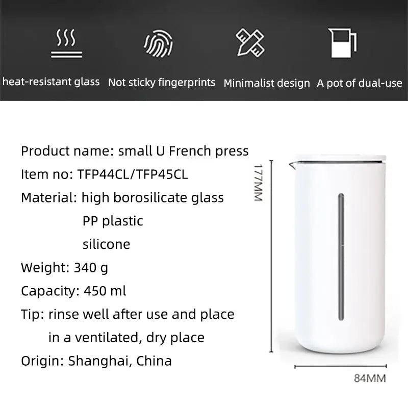 TIMEMORE French press coffee press in black and white with high-density stainless steel mesh and heat-resistant glass, 450ml, fingerprint-resistant design.