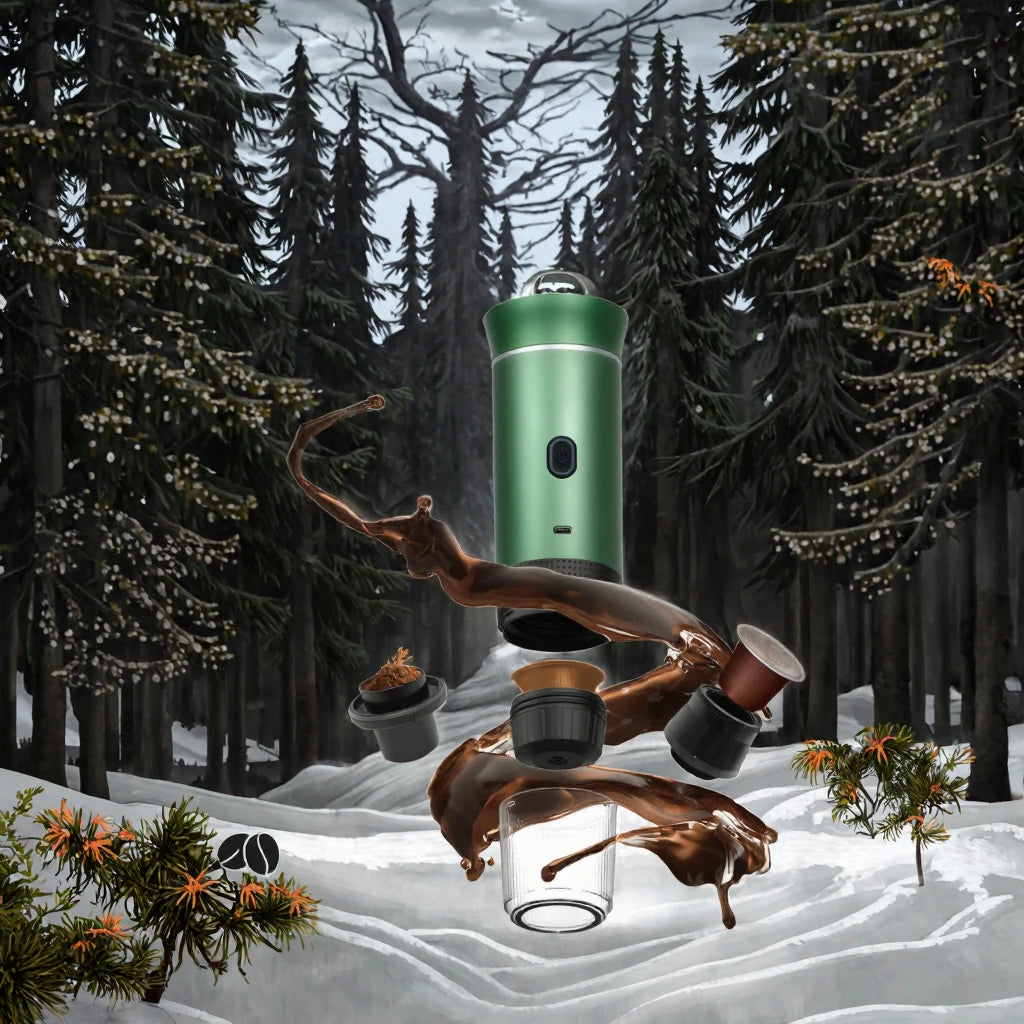 Small portable espresso machine in green with coffee pods and liquid splashing, set against a snowy forest backdrop.