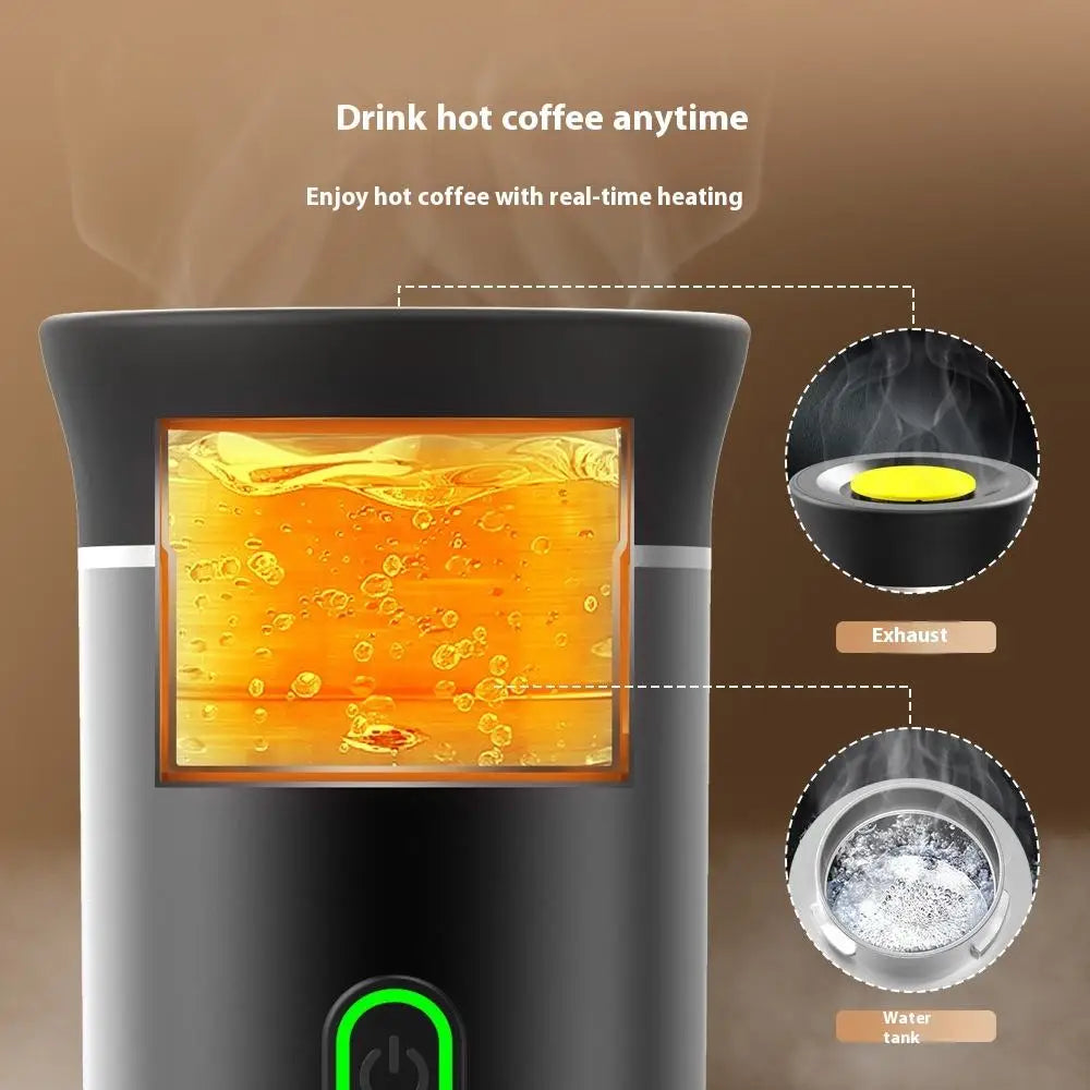 Portable eco-friendly espresso machine in black with visible water tank, steam rising from hot coffee, and control button at base.