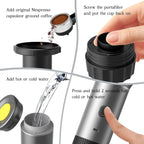 Portable eco-friendly espresso machine: compact design, stainless steel material, used with Nespresso capsules or ground coffee.