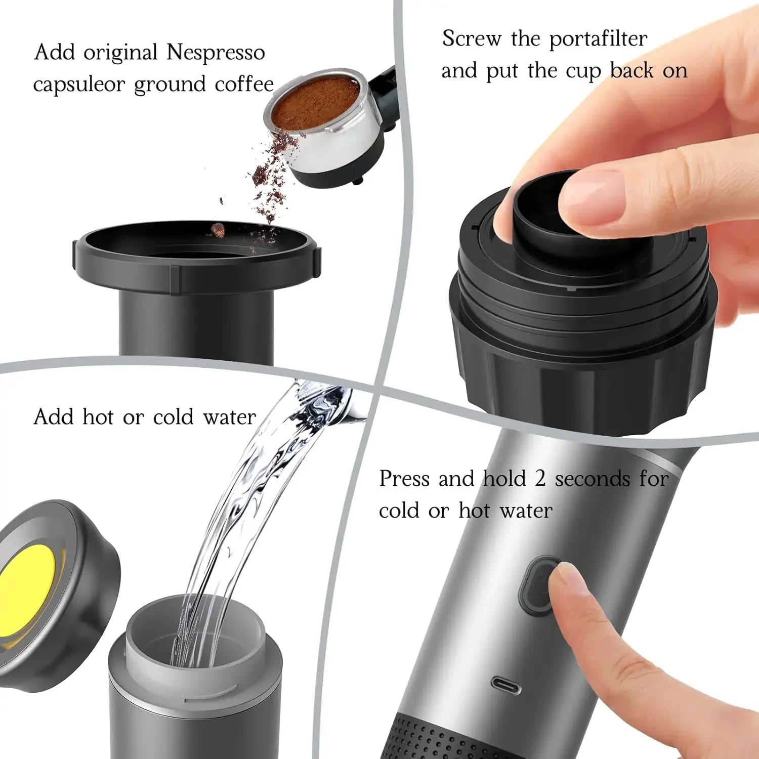 Portable eco-friendly espresso machine: compact design, stainless steel material, used with Nespresso capsules or ground coffee.