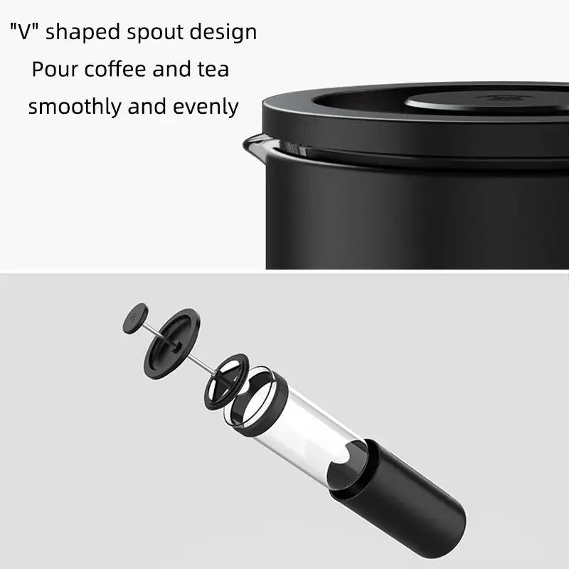 TIMEMORE French press coffee press in black and white, 450ml capacity with high density stainless steel mesh and heat resistant glass design.