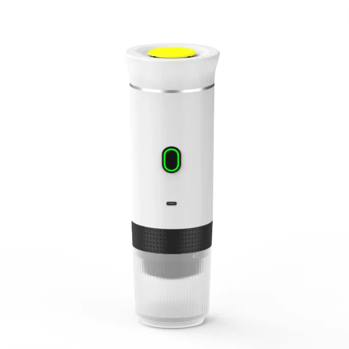 Portable eco-friendly white coffee machine with yellow top and green power button, featuring a clear base for espresso.
