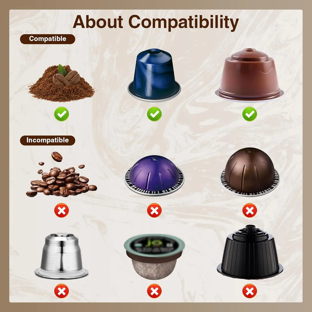 Compatibility chart showing coffee options: compatible coffee grounds and small capsules, plus incompatible large capsules.
