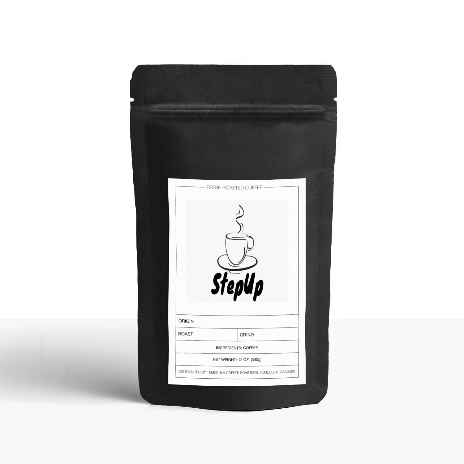 Black coffee packaging with 'StepUp' label on a white background