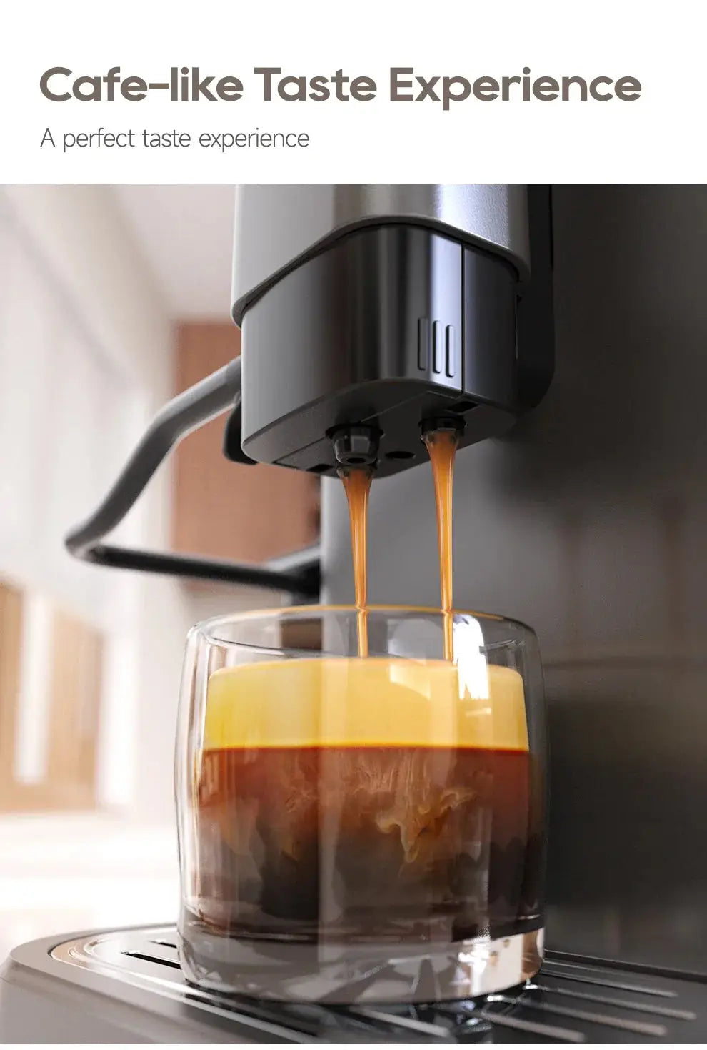Espresso being poured from a machine into a glass, with text 'Cafe-like Taste Experience' above.