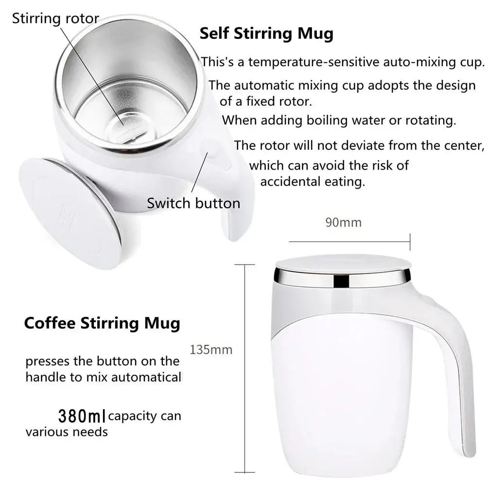 Automatic stirring cup with stainless steel interior and magnetic stirring mechanism. Portable, rechargeable, and ideal for home or travel use.