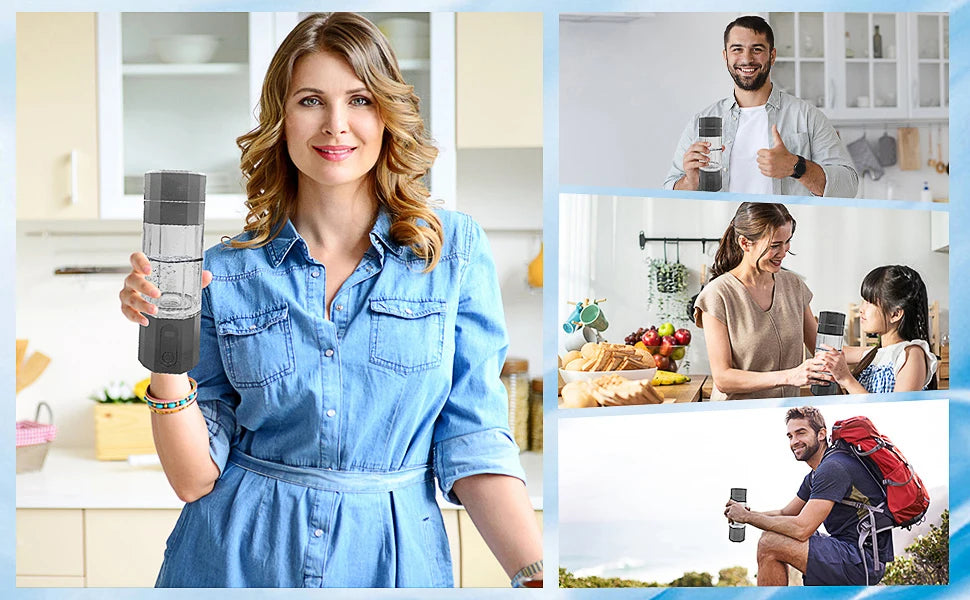 Collage of a woman holding a water bottle in a kitchen, a family in a kitchen, and a man with a backpack and water bottle.